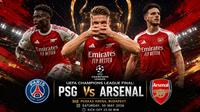 Cover tiga pemain Arsenal yang bisa menjadi ancaman bagi Paris Saint-Germain pada partai final Liga Champions. (Bola.com/AI Generated)