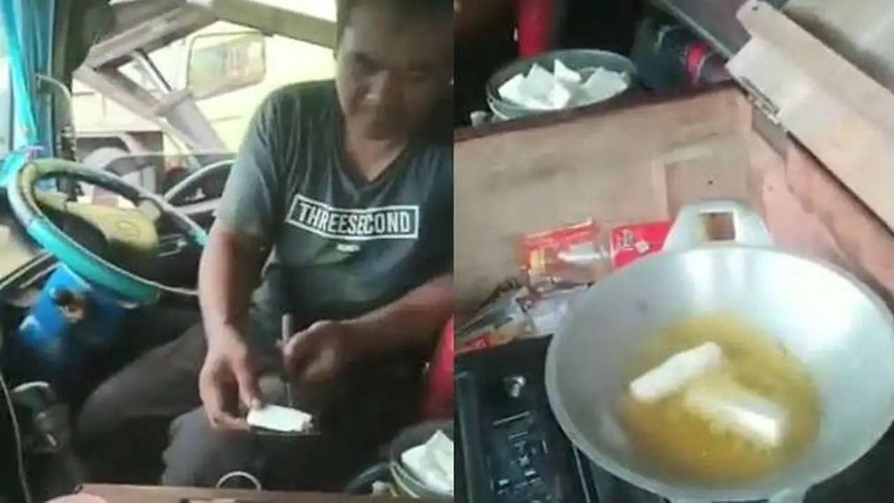 Aksi Kocak Sopir Truk Bikin Gorengan di Dalam Kabin Ini Viral, Biar Hemat