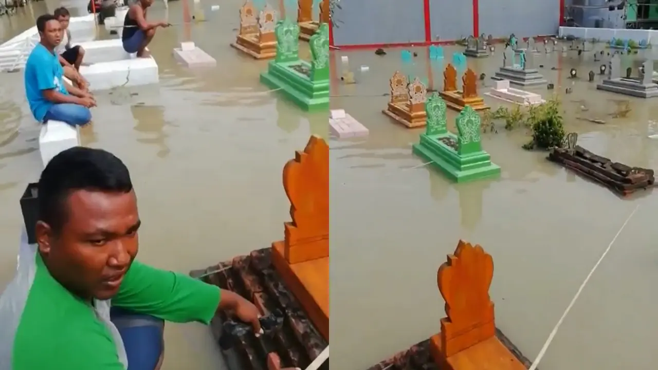 Sekumpulan pemuda dan bapak-bapak pancing ikan di kuburan.
