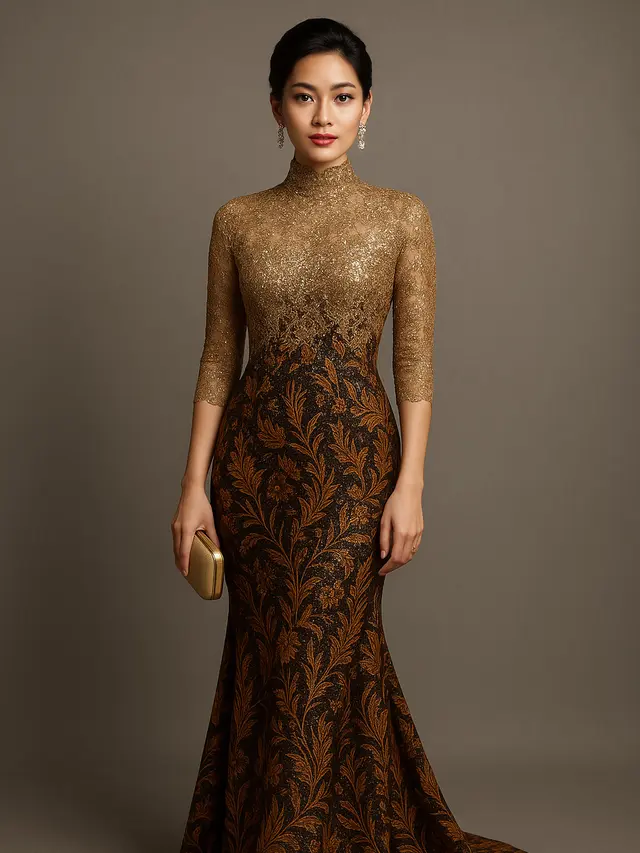 Model Long Dress Batik Kombinasi Brokat Lengan 3/4, Pilihan Elegan untuk Acara Formal