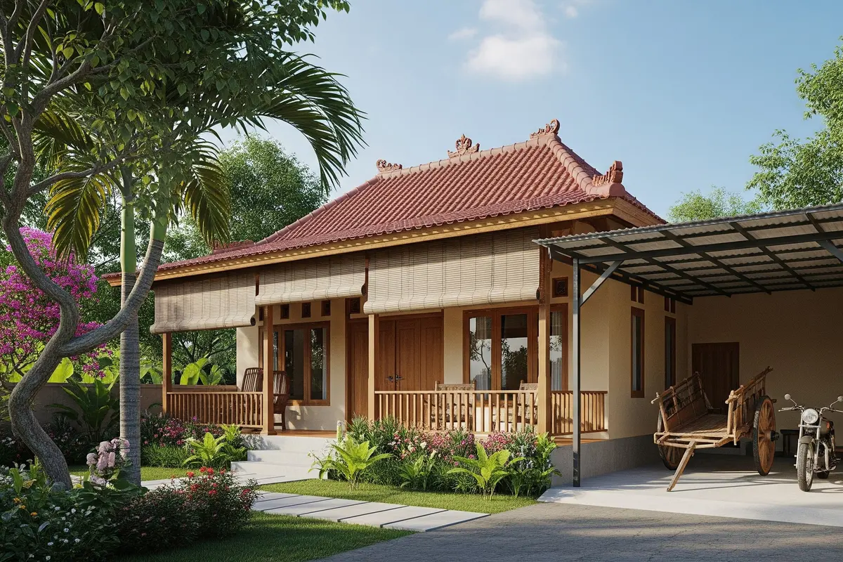 Desain Rumah Desa Sederhana dengan Garasi Terbuka/Gemini AI