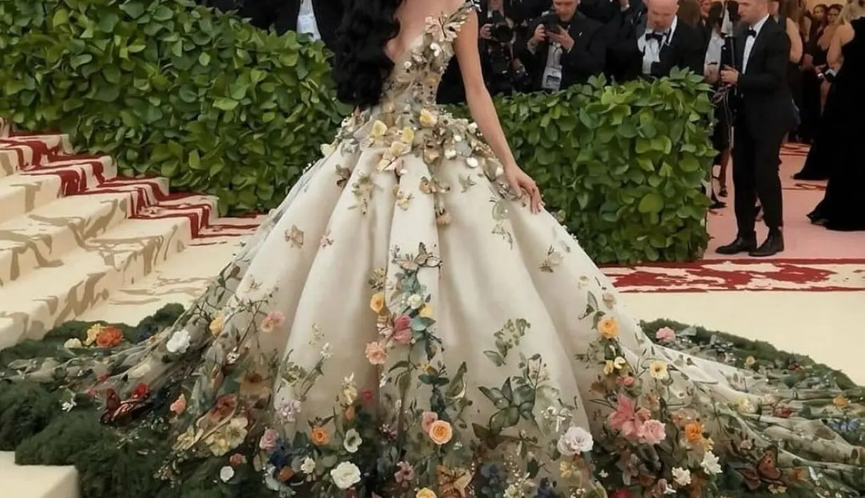 Katy Perry belum bisa hadir di Met Gala 2024, namun foto AI buatan penggemarnya menghebohkan internet. Dalam foto ini, Katy Perry mengenakan gaun berwarna pucat bersulam bunga dihiasi lumut. [Foto: Instagram/katyperry]