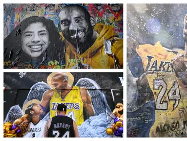 Satu tahun berlalu saat kepergian bintang basket NBA LA Lakers, Kobe Bryant bersama putrinya, Gianna dalam sebuah kecelakaan helikopter di Los Angeles, California, 26 Januari 2020. Karya seni berupa lukisan mural dipersembahkan untuk mengenang sang bintang. (Kolase Foto AFP)