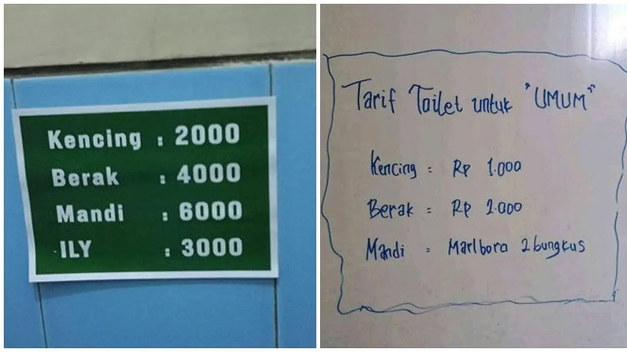 6 Tulisan Nyeleneh di Tarif Toilet Umum Ini Bikin Dahi Pengunjung Berkerut