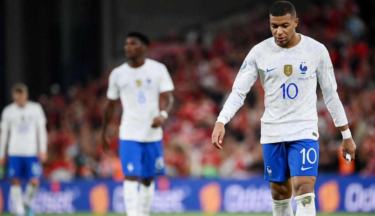 Denmark membuat kejutan dengan menghajar Prancis dua gol tanpa balas dalam matchday pemungkas Grup 1 UEFA Nations League A 2022/2023, Senin (26/9/2022). (Franck Fife)