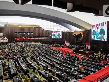 Suasana rapat Paripurna pembukaan masa persidangan I DPR tahun sidang 2022-2023 di Gedung Nusantara, Kompleks Parlemen, Senayan, Jakarta, Selasa (16/8/2022). (Liputan6.com/Johan Tallo)