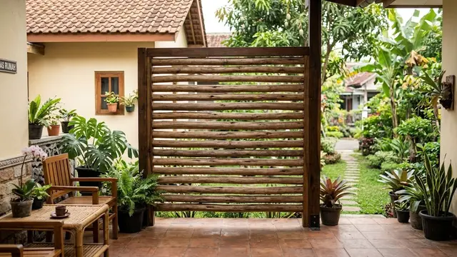 Inspirasi sekat teras dari material alami untuk rumah mungil model sekat batang kayu dengan susuna horizontal