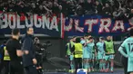 Pemain Bologna merayakan gol yang dicetak Santiago Castro pada pertandingan leg kedua 16 besar Liga Europa 2025/2026 melawan AS Roma di Stadion Olimpico, Kamis (19/3/2026) waktu setempat atau Jumat 20 Maret 2026 dini hari WIB. Bologna lolos ke perempat final Liga Europa 2025/2026 setelah mengalahkan AS Roma 4-3. (Alberto PIZZOLI/AFP)