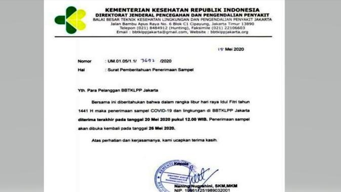 Beredar viral surat edaran BBTKLPP Jakarta yang menyebut, penerimaan sampel COVID-19 diliburkan, terakhir pada 20  Mei 2020 dan kembali dibuka pada 26 Mei 2020. Kementerian Kesehatan menyebut, pemberitahuan tersebut tidak benar. (Dok Istimewa)