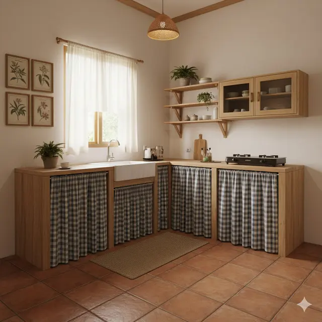 Desain Dapur Kecil Bentuk L dengan Tirai Kolong