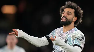 Pemain Liverpool Mohamed Salah bereaksi saat melawan Crystal Palace pada pertandingan sepak bola Liga Inggris di Selhurst Park, London, Inggris, 25 Februari 2023. Pertandingan berakhir imbang dengan skor 0-0. (AP Photo/Alastair Grant)