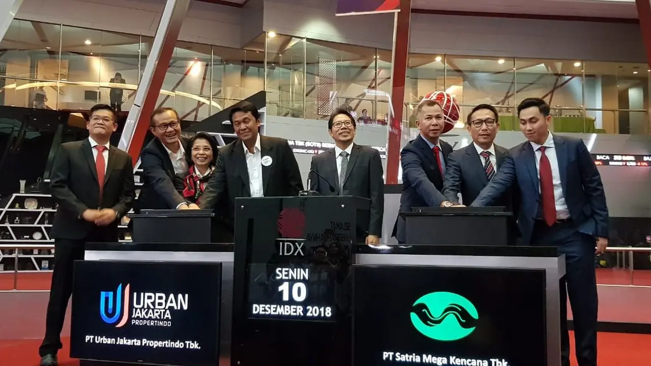 PT Urban Jakarta Propertindo Tbk (URBN) dan PT Satria Mega Kencana Tbk resmi melantai di Bursa Efek Indonesia (BEI) pada Senin (10/12/2018) pagi.