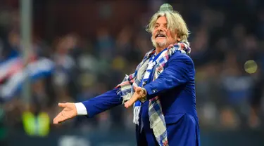 Presiden Sampdoria Massimo Ferrero merayakan kemenangan timnya setelah pertandingan melawan Juventus pada lanjutan Liga Serie A italia di Stadion Luigi Ferraris di Genoa, Italia, (19/11). Sampdoria menang 3-2 atas Juventus. (Simone Arveda / ANSA via AP)