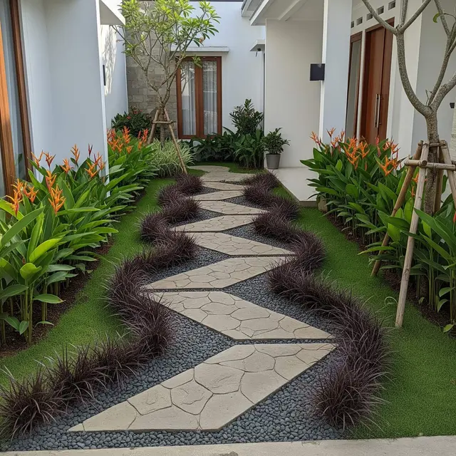 Inspirasi Jalan Setapak dengan Rumput Gajah Mini untuk Taman Minimalis