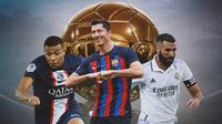 Ilustrasi - Robert Lewandowski, Karim Benzema, Kylian Mbappe background ilustrasi Ballon d'or (Bola.com/Bayu Kurniawan Santoso)