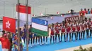 Tim dayung Indonesia menyanyikan lagu Indonesia raya pada Asian Games di JSC Lake Jakabaring, Sumatera Selatan, Jumat (24/8/2018). Tim dayung persembahkan emas ke sembilan untuk Indonesia. ANTARA FOTO/INASGOC/Rahmad Suryadi/nym/18