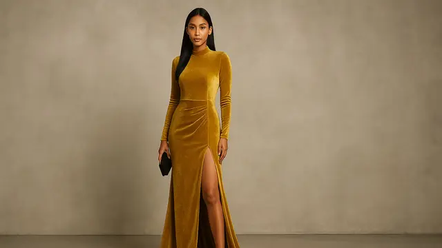 Model Dress Panjang Warna Gold 2025/ Ilustrasi gambar oleh AI