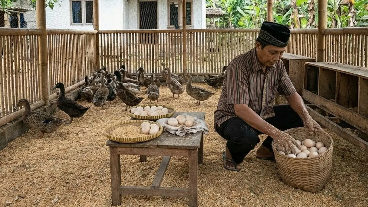 Mengambil dan menyortir telur ternak bebek di halaman rumah tanpa kolam (Gemini AI)