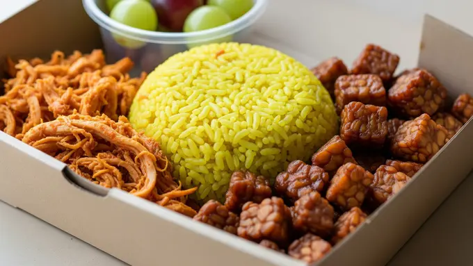 Nasi Kuning + Ayam Suwir + Orek Tempe + Anggur
