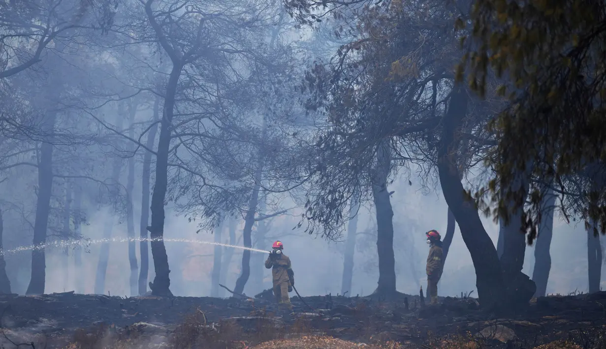 Petugas pemadam kebakaran menyemprotkan air ke dalam hutan saat terjadi kebakaran hutan di pinggiran kota Stamata, di utara Athena, Yunani, Senin, 4 September 2023. (AP Photo/Thanassis Stavrakis)