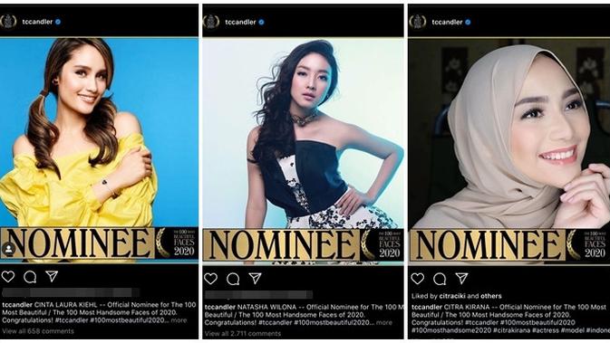 Citra Kirana, Natasha Wilona, dan Cinta Laura masuk dalam nominasi The 100 Most Beautiful Faces of 2020 versi TC Candler. (dok. Instagram @tccandler)