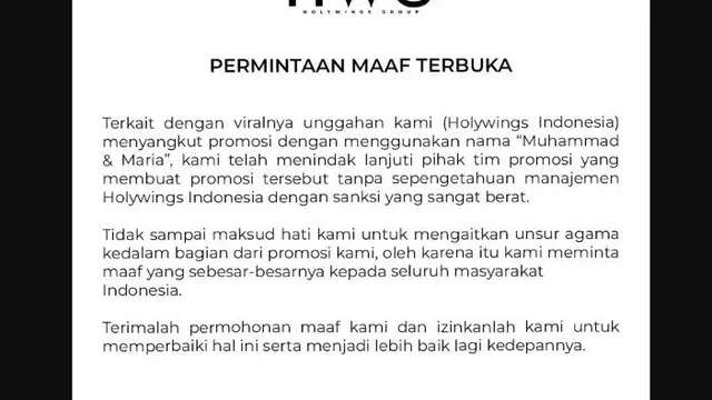 Permintaan maaf Holywings melalui akun Instagram soal promosi minuman alkohol bagi pemilik nama Muhammad dan Maria.