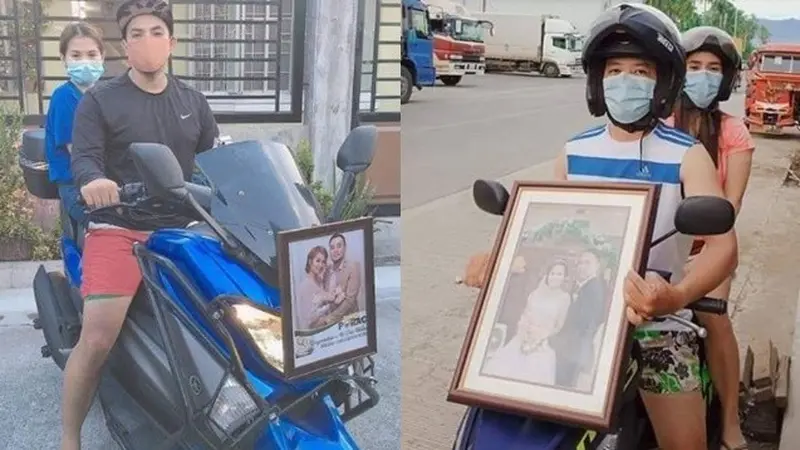 Demi Protokol Kesehatan, Para Pengendara Motor Ini Pasang Foto Nikah di Motor