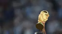 Trofi Piala Dunia FIFA diangkat tinggi-tinggi saat para pemain Argentina merayakan kemenangan mereka atas Prancis di lapangan setelah pertandingan final Piala Dunia Qatar 2022 antara Argentina dan Prancis di Stadion Lusail di Lusail, utara Doha pada 18 Desember 2022. (Paul ELLIS/AFP)