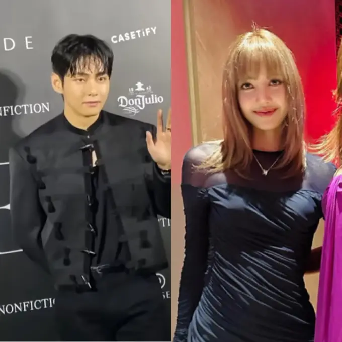 Member BTS dan Blackpink kenakan baju hitam saat Paradise Art Night 2025. [@suremagazine/@shiho_style]