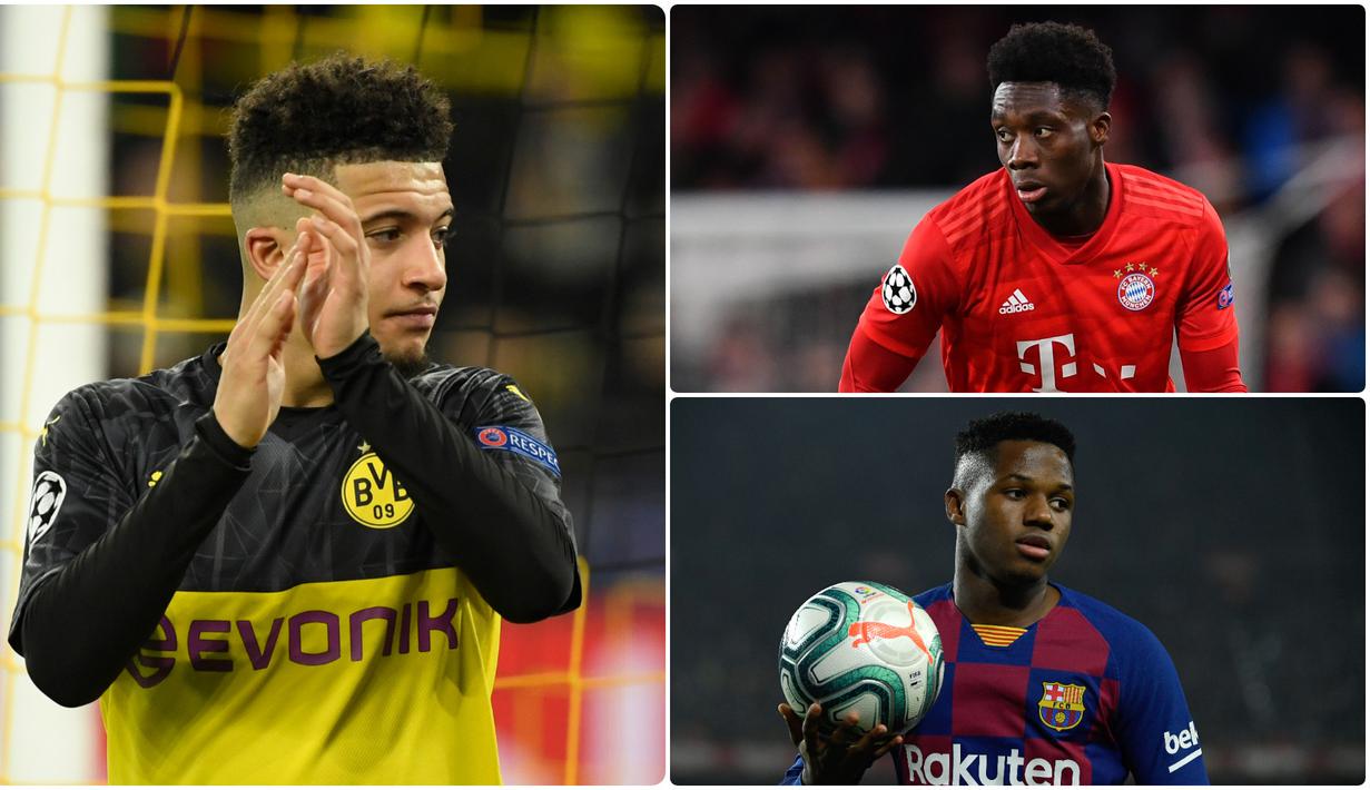 Jadon Sancho menjadi salah satu pemain muda yang masuk dalam nominasi Golden Boy Award 2020. Selain Sancho, Alphonso Davies dan bocah ajaib Barcelona, Ansu Fati, juga masuk dalam daftar nominasi. Berikut Jadon Sancho dan 6 nominasi Golden Boy Award 2020. (kolase foto AFP)