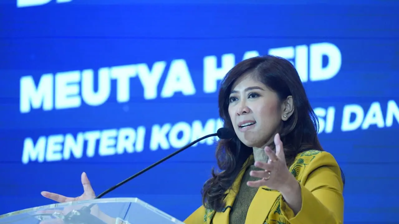 Menkomdigi Meutya Hafid saat memberikan sambutan dalam Forum Bakohumas 'GPR Outlook 2026: Satu Narasi, Bangun Reputasi Negeri' di Hotel Borobudur, Jakarta.