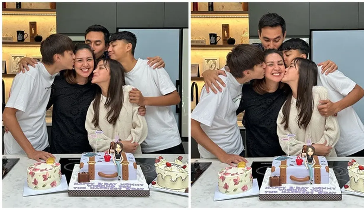 Dapat kecupan manis dari suami dan buah hatinya, Donna Agnesia bersyukur masih bisa rayakan momen bertambahnya usianya bareng orang tersayang. Sang bunda bertambah usia, Lio, Diego, Sabrina juga turut bahagia di hari ulang tahun ibundanya. Meski perayaan ulang tahun Donna tampak sederhana, namun kehangatannya dan kebahagiaan sangat terasa. (Liputan6.com/IG/@dagnesia)