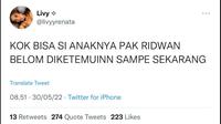 Komentar Livy Renata di Twitter soal hilangnya putra Ridwan Kamil, Eril. (Twitter @livyyrenata)