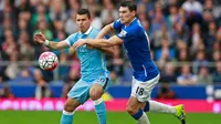 Penyerang Manchester City, Sergio Aguero (kiri) beradu bola dengan Gelandang Everton Gareth Barry pada pertandingan Liga Premier Inggris di Stadion Goodison Park, Inggris, Minggu (24/8/2015). Ciry kokoh di puncak klasemen. (Reuters/Jason Cairnduff)