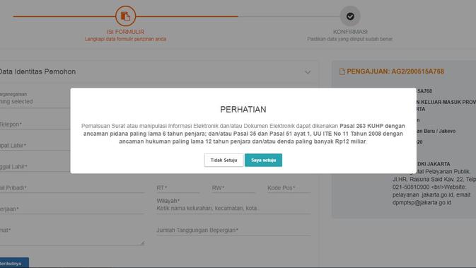Formulir izin keluar masuk DKI Jakarta dapat diisi di laman resmi DKI Jakarta. (corona.jakarta.go.id)