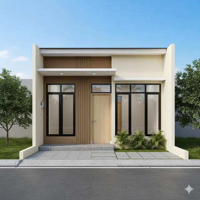 Desain Rumah Sederhana Budget Rp 100 Juta dengan Teras Kecil. Gemini