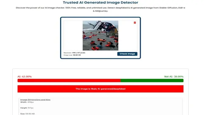 <p>Gambar tangkapan layar penelusuran foto menggunakan situs aidetectcontent.com.</p>