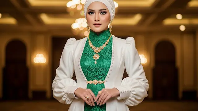 Long Dress Brokat Hijau Zamrud Model High Neck + Outer Satin Ivory