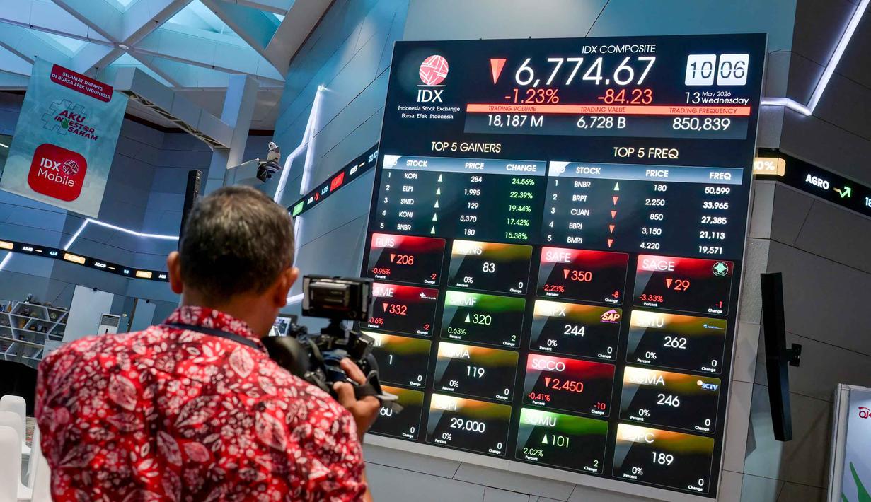 Seorang juru kamera merekam layar yang menampilkan Indeks Harga Saham Gabungan (IHSG), yang anjlok signifikan selama pembukaan pasar, di gedung Bursa Efek Indonesia di Jakarta pada Rabu 13 Mei 2026. (BAY ISMOYO/AFP)