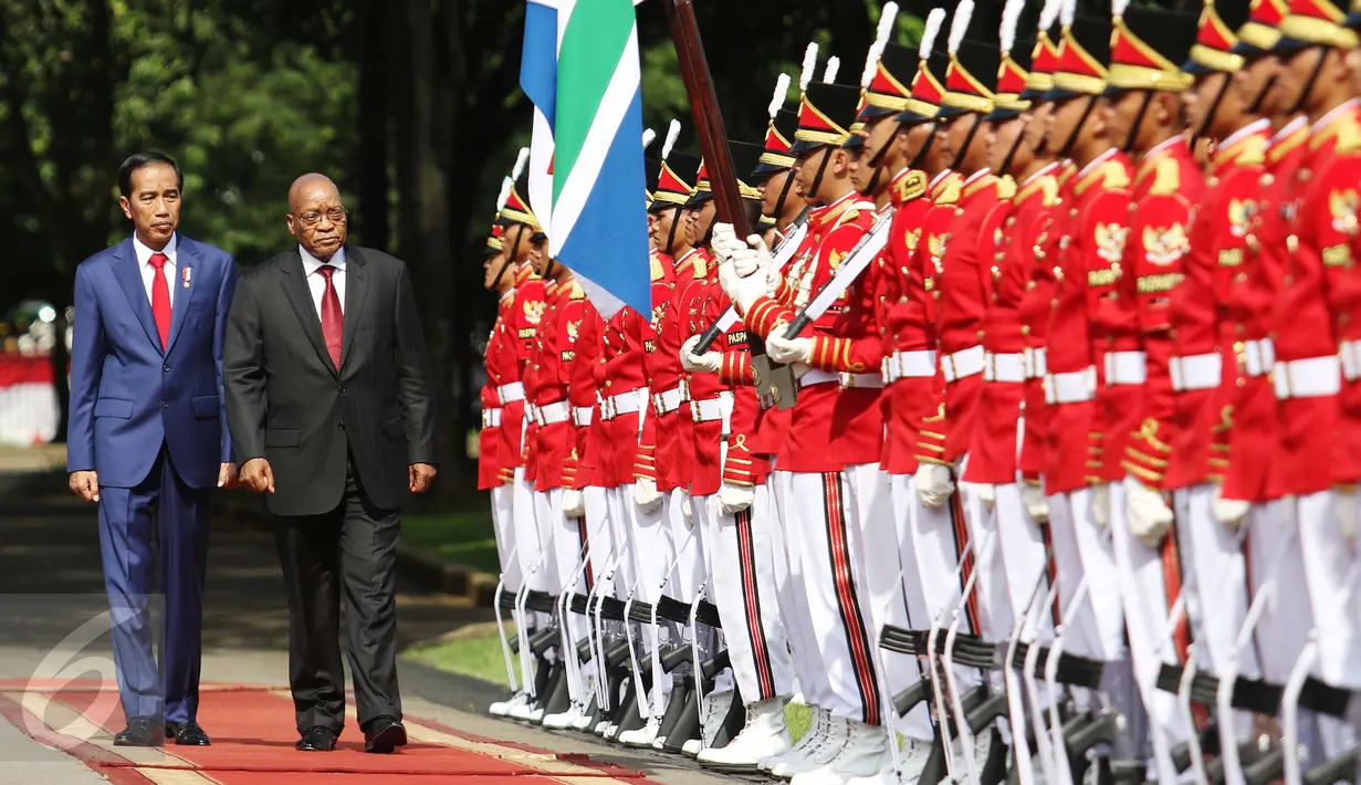 Sejumlah pasukan menyambut kedatangan Presiden Republik Afrika Selatan Jacob Zuma yang didampingi Presiden Jokowi di Istana Merdeka Jakarta, Rabu (8/3). (Liputan6.com/Angga Yuniar)