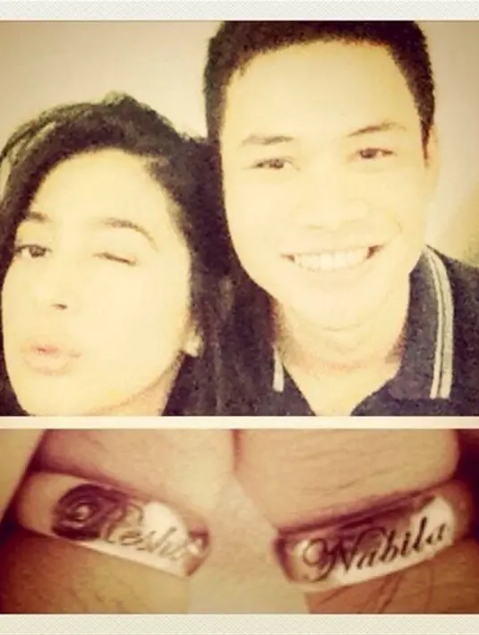 Hubungan mereka memang terlihat semakin mesra. Kemesraan itu terlihat dari sepasang cincin yang dipamerkan lewat akun Instagram Nabila. Cincin yang melingkar di jari manis mereka itu, tertera nama Reshwara dan Nabila. (via instagram/@nsyakieb85)