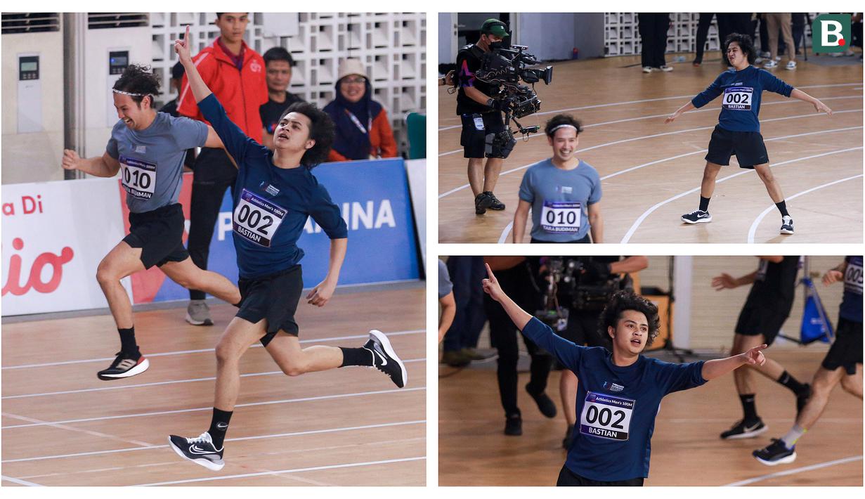 Foto kolase ragam selebrasi selebritas Indonesia, Bastian Steel saat menjuarai lari 100 meter putra Turnamen Olahraga Selebriti Indonesia (TOSI) di GOR UNJ, Rawamangun, Jakarta, Minggu (30/07/2023). Bastian sukses finis tercetap dengan catatan waktu 16,32 detik. (Bola.com/Bagaskara Lazuardi)