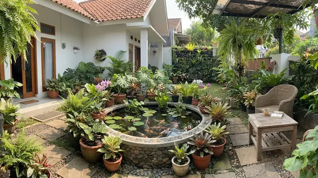 Kolam Bundar di Tengah Tanaman Pot