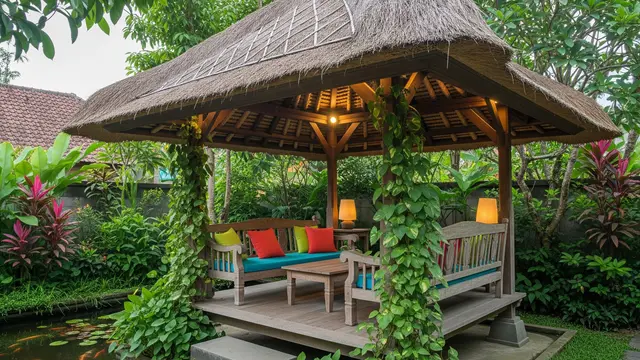 Gazebo Kayu Rustic dengan Atap Rumbia