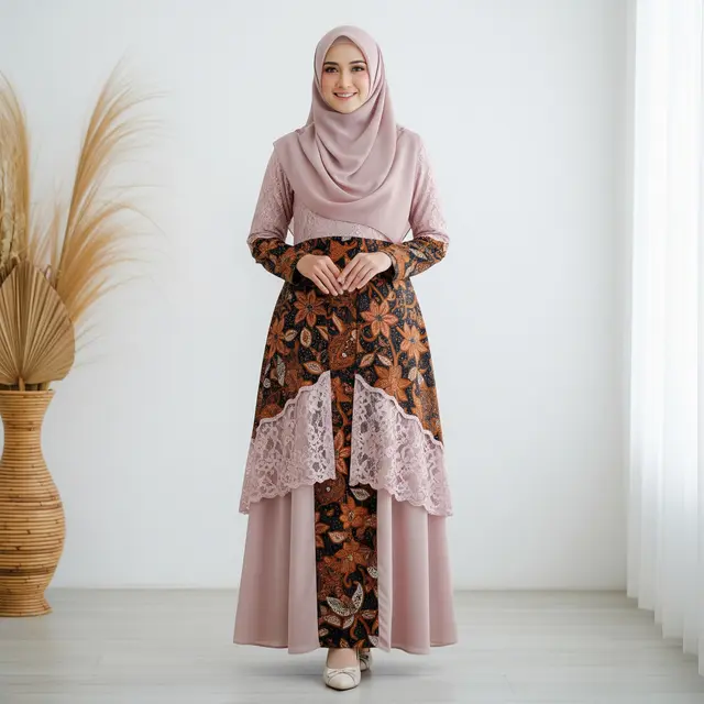 Model Gamis Batik Brokat Kombinasi Sifon