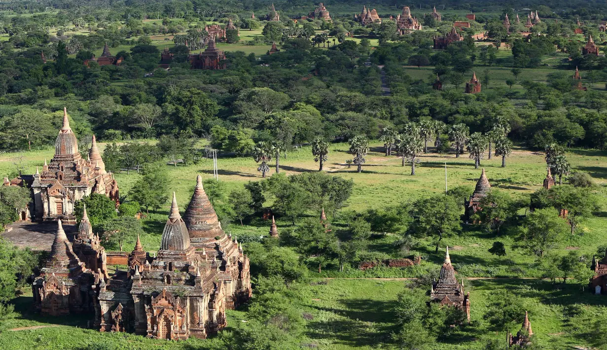 Foto aeral situs-situs kuno yang berada di kota tua Bagan, distrik Nyaung U, Myanmar tengah, 24 Juni 2018. Keindahan bangunan tua ditanah yang luas ini semakin menakjubkan dengan kehadiran vegetasi yang tumbuh di sekitarnya. (AP Photo/Aung Shine Oo)