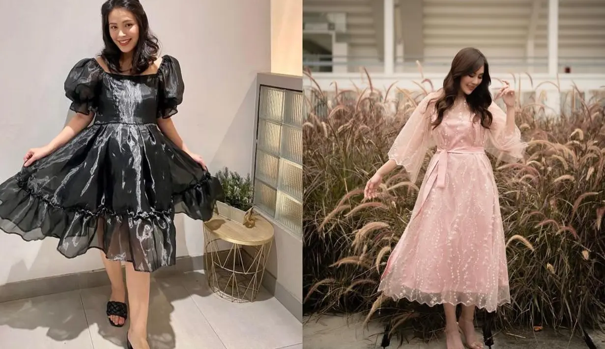 Midi dress organza warna pink dipilih Syahnaz untuk kondangan. Sementara Lady Nayoan tampil elegan dengan organza puff dress hitam. [Foto: IG/syahnazs/ladynayoan].