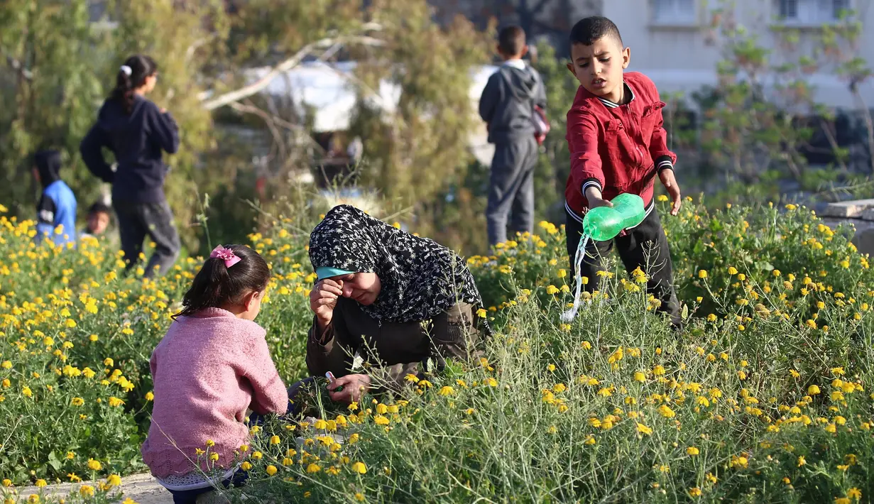 Usai salat Idul Fitri 1446 Hijriah, pengungsi Palestina di kamp Nuseirat, Jalur Gaza tengah, melakukan ziarah kubur untuk mendoakan sanak keluarga dan kerabat yang sudah meninggal dunia. (Eyad BABA/AFP)