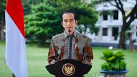 Presiden Joko Widodo (Jokowi) berterima kasih kepada umat Hindu yang beribadah tetap mematuhi protokol kesehatan saat sambutan Peringatan Dharma Santi Nasional Hari Suci Nyepi Tahun Baru Saka 1943, Sabtu (27/3/2021). (Biro Pers Sekretariat Presiden)