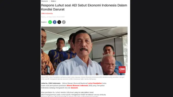 <p>Tangkapan layar artikel Luhut Binsar Panjaitan di portal berita CNN Indonesia</p>